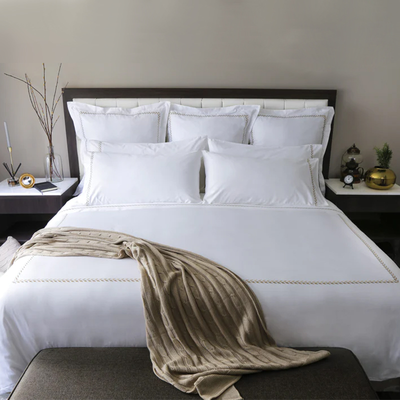 Linen Katil Hotel Daun Sulaman Emas Set 80 -an Sateen Cotton 400TC